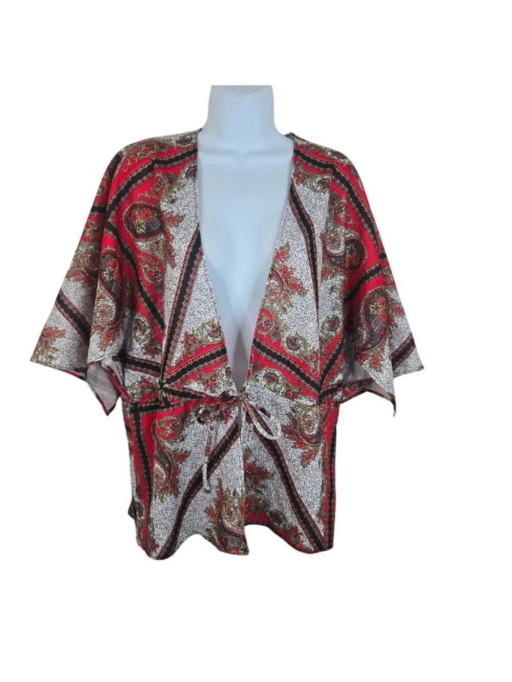 Vintage 70s Montgomery Ward Red Paisley Kimono Blouse Womens M Hippie